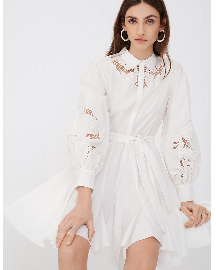 MAJE REBELLO COTTON LACE INSET SHIRT DRESS