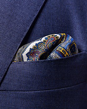 New Mens Bloomingdales 100% Silk Navy Blue Paisley Handkerchief Pocket Square 