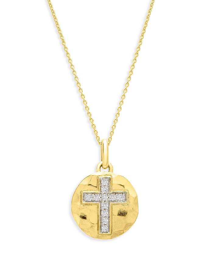 Bloomingdale's Diamond Cross Disc Pendant Necklace In Textured 14k Yellow Gold, 0.10 Ct. T.w. - 100% Exclusive In White/gold