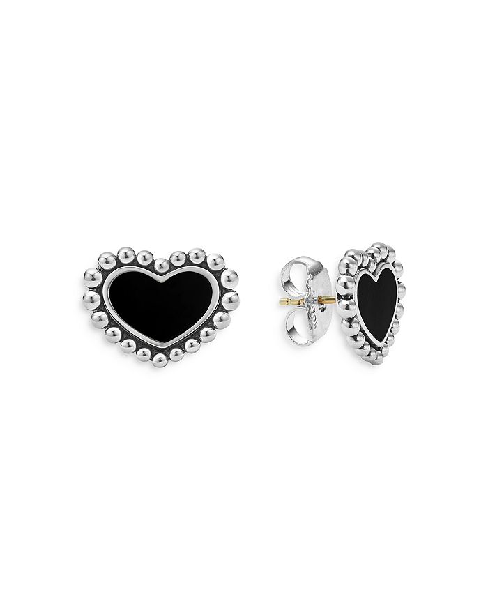 Shop Lagos Sterling Silver Maya Onyx Heart Stud Earrings In Black