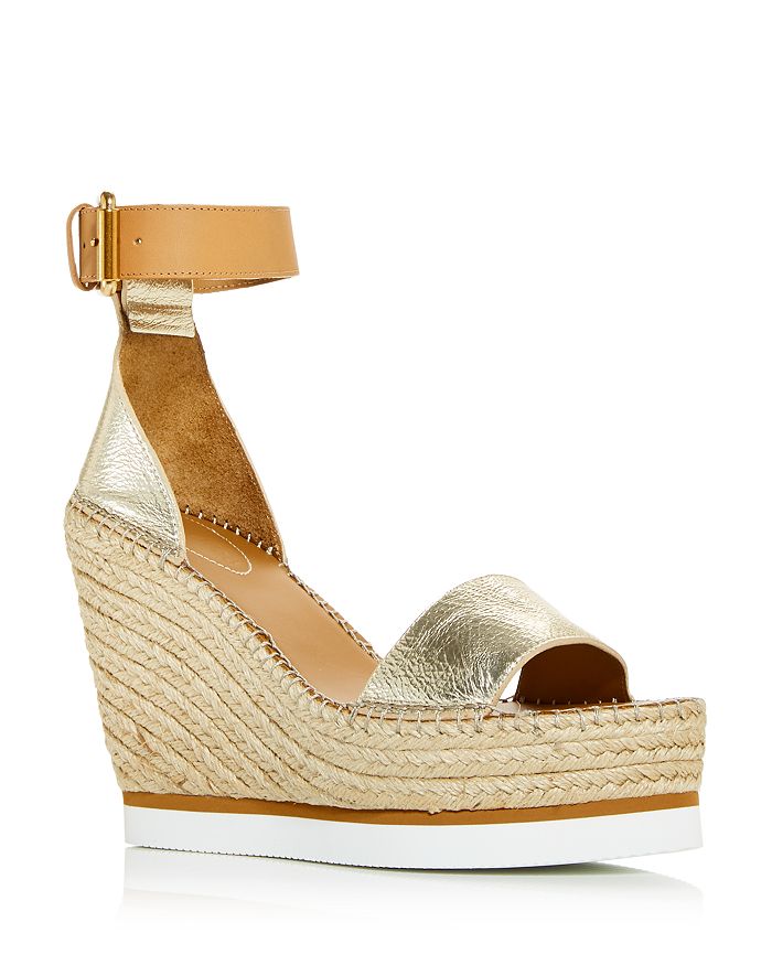 See By Chloé Glyn Leather Espadrille Platform Wedge Ankle Strap Sandals In Light Gold Leather