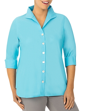 Foxcroft Plus Pandora Non-iron Cotton Tunic Shirt In Tropic Blue