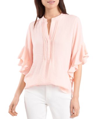 Vince Camuto Women's Ruffle Sleeve Split Neck Blouse Brown Size Medium