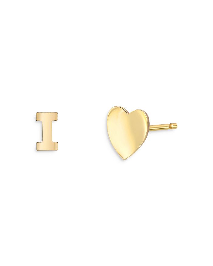 Zoe Lev 14k Yellow Gold Heart & Initial Stud Earrings In I/gold