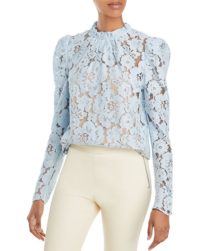 Wayf Erika Puff-sleeve Lace Top In Dusty Blue