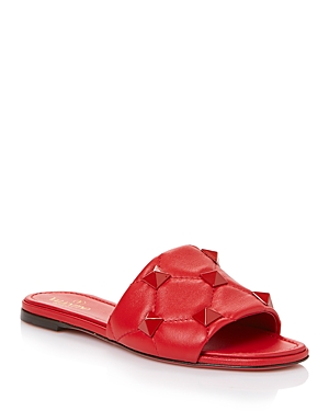 Valentino Garavani Women's Roman Stud Quilted Slide Sandals With Tonal Studs In Red