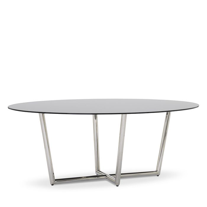 Mitchell Gold Bob Williams Modern Oval Smoked Glass Dining Table, 76 X 48 In Polished Stainless Steel Base/smoked Glass Top