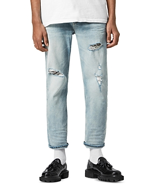 Allsaints Jack Straight Slim Fit Damaged Cropped Jeans in Light Indigo