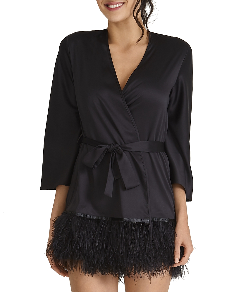 Rya Collection Swan Feather-hem Robe, Inclusive Sizing In Black