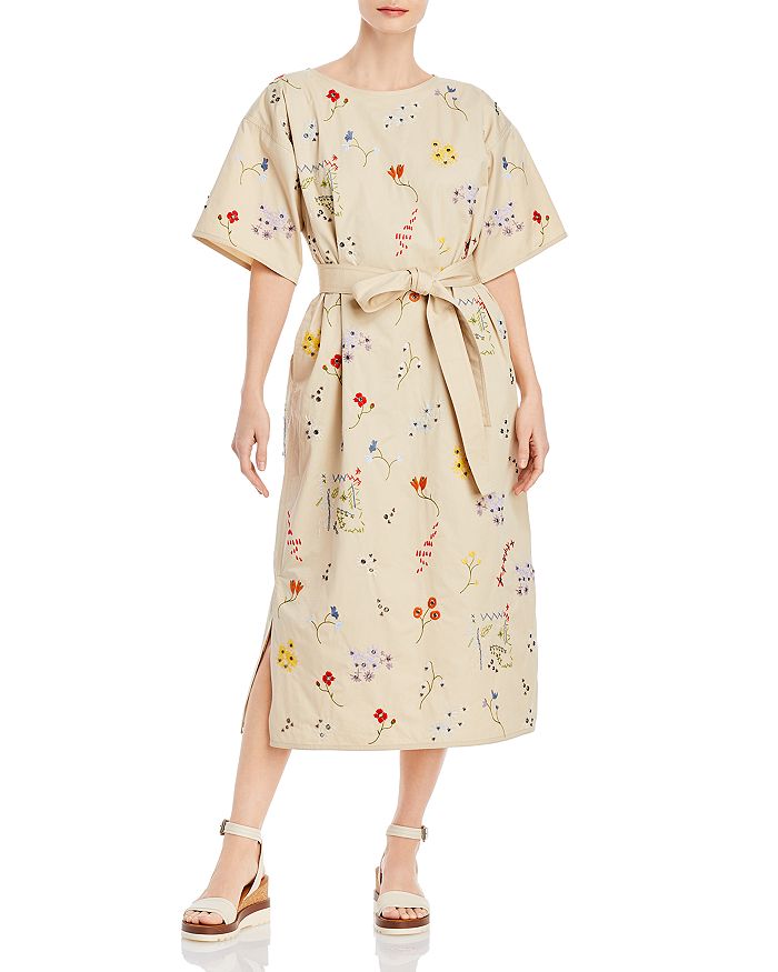 TORY BURCH EMBROIDERED SHIFT MIDI DRESS