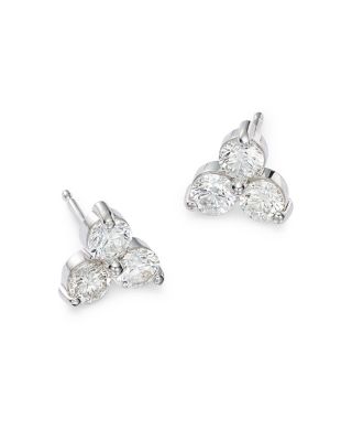 Diamond Three Stone Stud Earrings in 14K White Gold, 0.90 tcw 