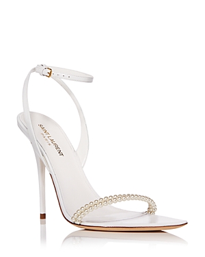 Saint Laurent Women's Luna Pointed Toe Simulated Pearl High Heel Sandals In Optic White