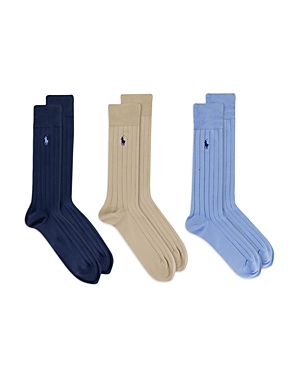 Polo Ralph Lauren Men's 3-pk. Super-soft Ribbed Dress Socks In Light Blue/khaki/navy