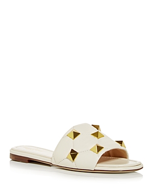 Valentino Rockstud Leather Slides In Light Ivory