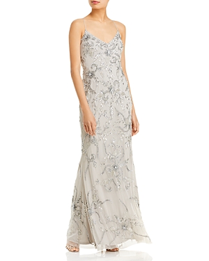 Aidan Mattox Beaded V Neck Gown In Silver