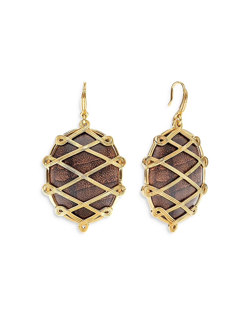 Capucine De Wulf Capucine De Wolf Elizabetta Caged Teak Oval Drop Earrings In 18k Gold Plate In Brown/gold