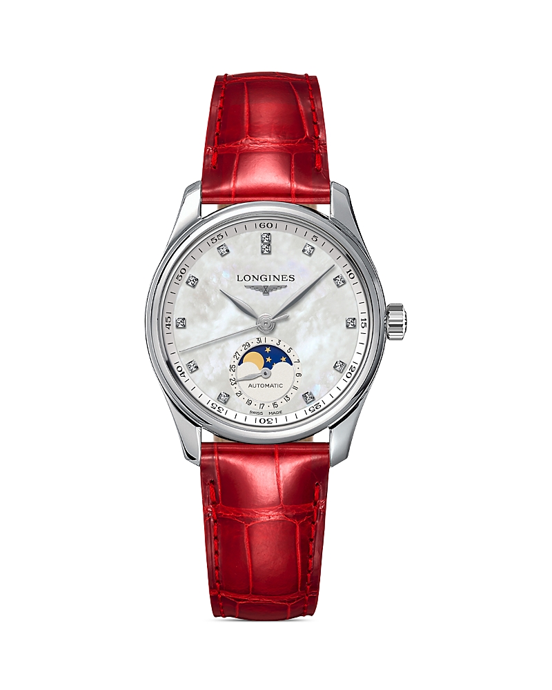 Longines Women's Swiss Automatic Master Diamond (1/20 Ct. T.w.) Red Leather Strap Watch 34mm In White/red