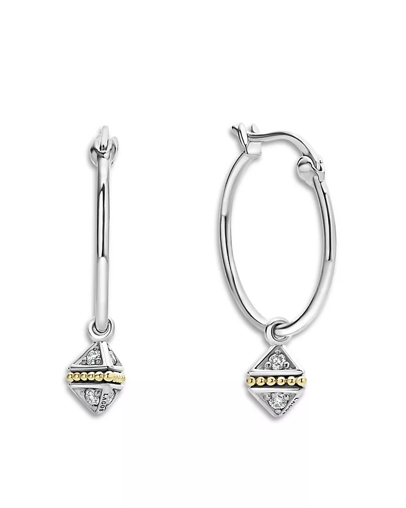 Lagos 18K Yellow Gold & Sterling Silver Caviar Diamond Pyramid Dangle Hoop Earrings