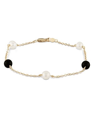 Bloomingdale's Cultured Freshwater Pearl & Onyx Bead Chain Link Bracelet In 14k Yellow Gold - 100% Exclusive