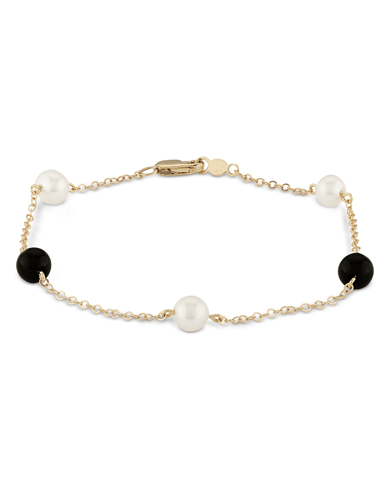 Bloomingdale's Fine Collection Cultured Freshwater Pearl & Onyx Bead Chain Link Bracelet in 14K Yellow Gold