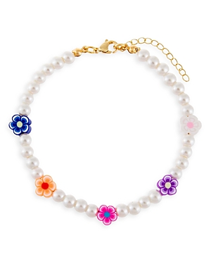 ADINAS JEWELS NEON MULTICOLOR FLOWER & FAUX PEARL BEADED ANKLE BRACELET IN GOLD TONE,A59917CMB-986