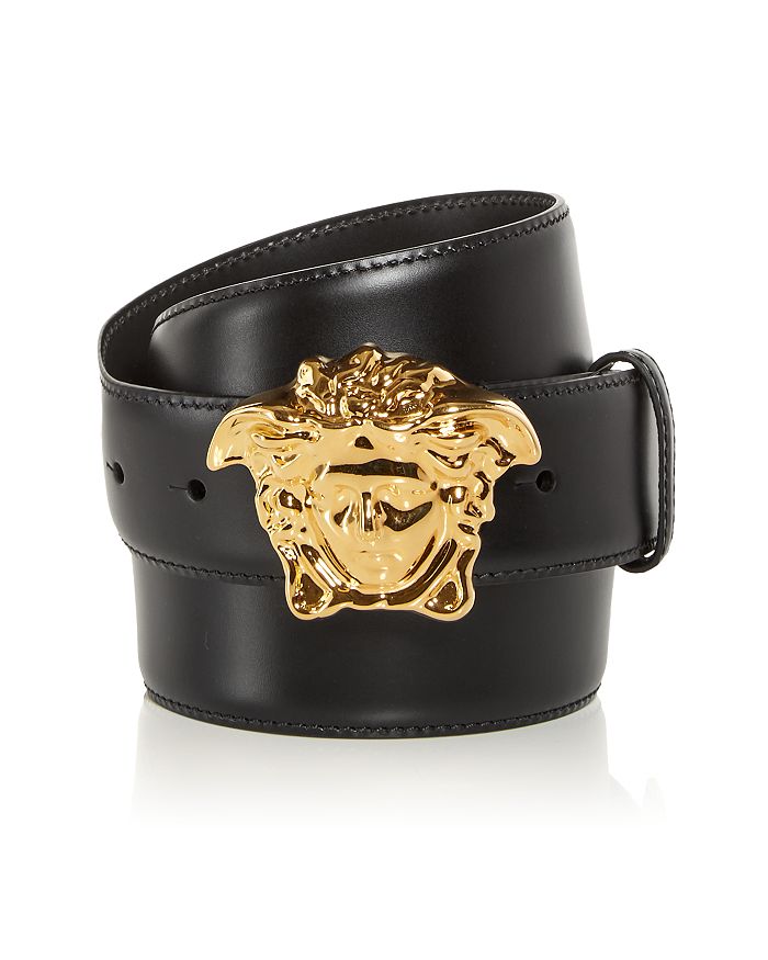 Versace La Medusa Leather Belt Man Belt Black Size 39.5 Calfskin In Black Warm