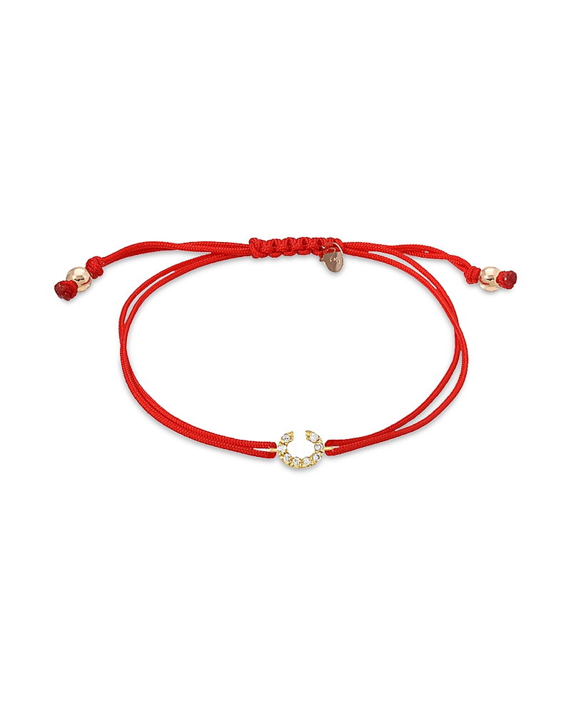 Zoe Lev 14k Yellow Gold Fortune Diamond Initial Red Cord Bolo Bracelet