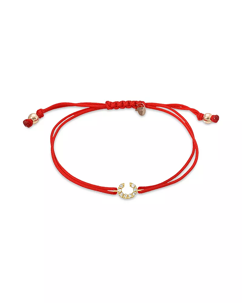 Zoe Lev 14K Yellow Gold Fortune Diamond Initial Red Cord Bolo Bracelet