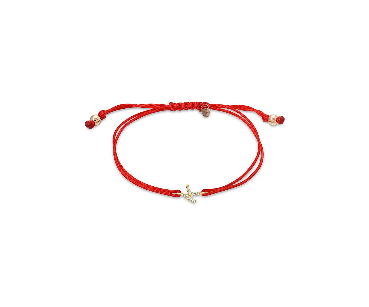 Zoe Lev 14K Yellow Gold Fortune Diamond Initial Red Cord Bolo Bracelet