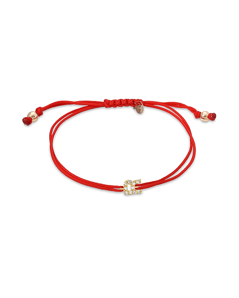 Zoe Lev 14k Yellow Gold Fortune Diamond Initial Red Cord Bolo Bracelet