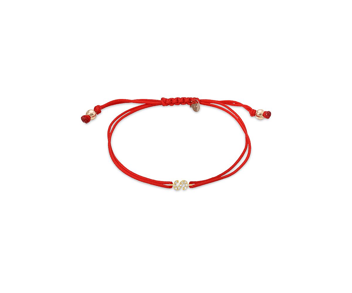 Zoe Lev 14K Yellow Gold Fortune Diamond Initial Red Cord Bolo Bracelet