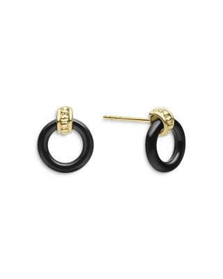 Meridian 18K Yellow Gold Caviar Black Ceramic Circle Drop Earrings 