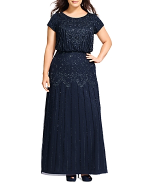 Adrianna Papell Plus Short Sleeve Beaded Gown In Deep Blue