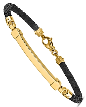 Bloomingdale's Men's Polished Bar Leather Bracelet In 14k Yellow Gold In Black/gold