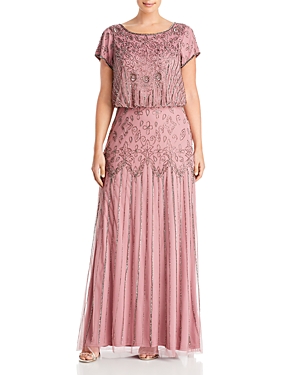 Adrianna Papell Plus Short Sleeve Beaded Gown In Rose/mercury
