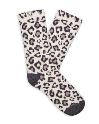 Ugg Leslie Fuzzy Crew Socks In Cream Leopard