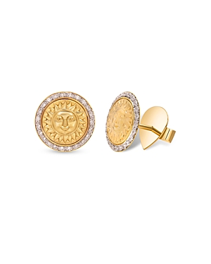 18K Yellow Gold Soleil Diamond Sun Coin Stud Earrings