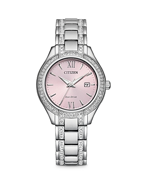 Shop Citizen Women's Crystal-accent Stainless Steel Bracelet Watch, 30mm In Pink/silver