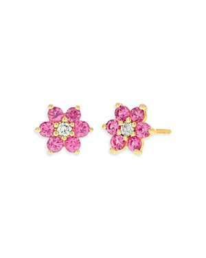 14K Yellow Gold Pink Sapphire & Diamond Flower Stud Earrings