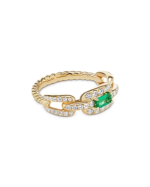 David Yurman Stax Chain Link Ring In 18k Yellow Gold With Pave Diamonds And Emerald In Gold/green