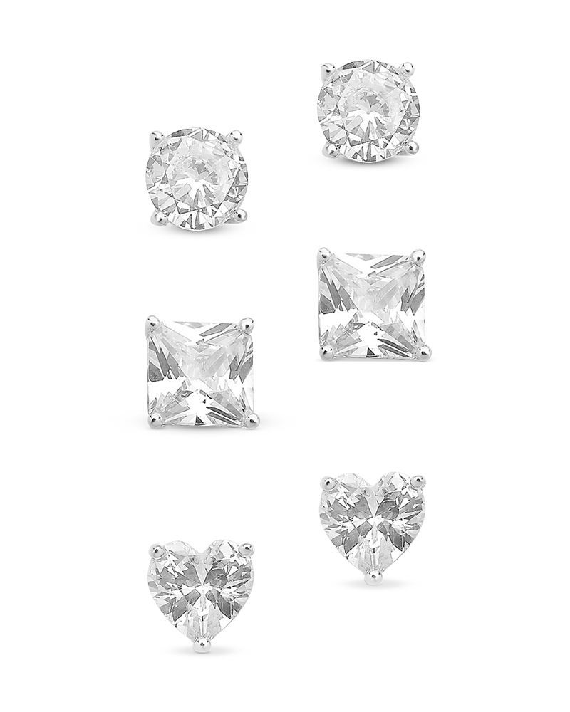 Sterling Forever Silver Cz Set Of 3 Statement Studs In Silver