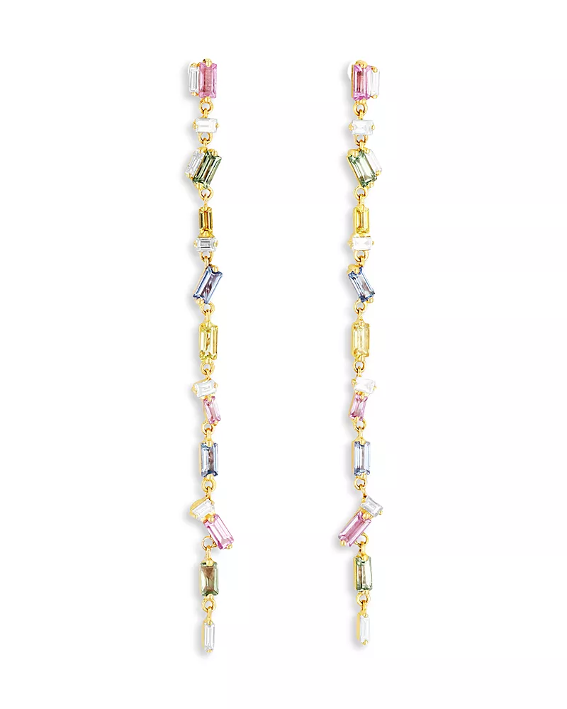 Suzanne Kalan 18K Yellow Gold Fireworks Rainbow Sapphire & Diamond Scattered Linear Drop Earrings