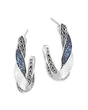 JOHN HARDY STERLING SILVER CLASSIC CHAIN BLUE SAPPHIRE TWISTED HAMMERED HOOP EARRINGS,EBS9003354BSP