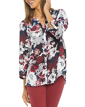 Nydj Three Quarter Sleeve Printed Pintucked Back Blouse In Victoria Blossoms