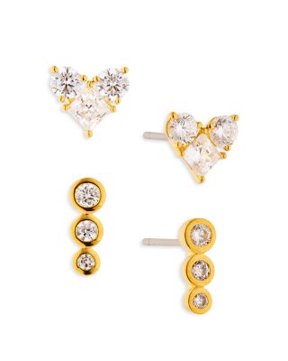 Nadri - Golden Cubic Zirconia Heart & Triple Stone Stud Earrings, Set of 2