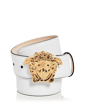 Versace Men's Medusa Buckle Leather Belt In Optical White- Gold