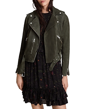 Allsaints Balfern Suede Biker Jacket In Khaki Green