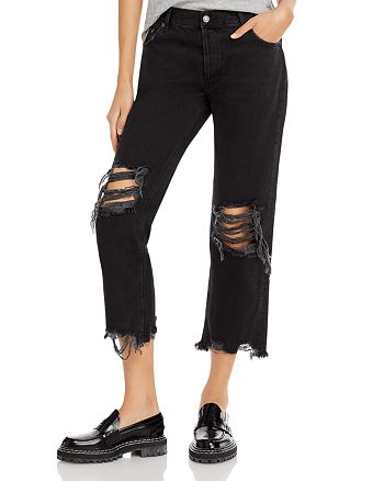 Free People Maggie Mid Rise Straight Cropped Jeans in Washed Black ...