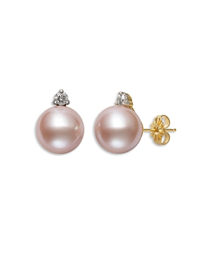 Bloomingdale's Pink Cultured Freshwater Pearl & Diamond Stud Earrings In 14k Yellow Gold - 100% Exclusive