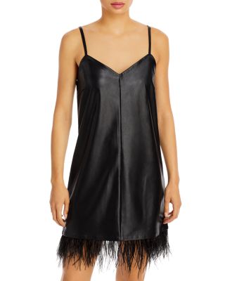 AQUA - Feather Trim Vegan Leather Slip Dress